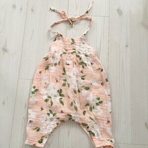 Angel Dear Peach, White, and Green Floral Linen Sun Suit Size 6-12 Months